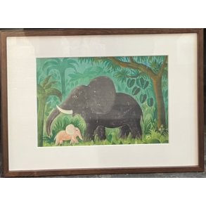 Plakat af Hans Scherfig - Tapir meElefant med Unge, 30x40cm i ramme af valnd