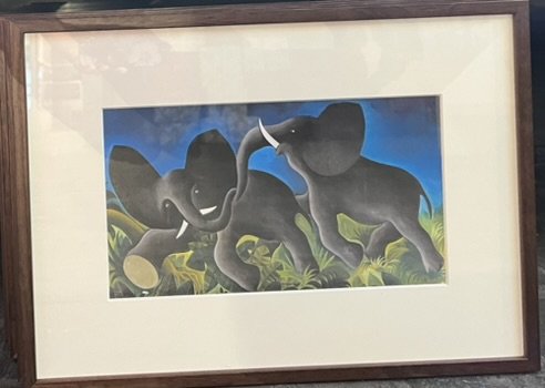 Plakat af Hans Scherfig, legende elefanter 30x40cm i ramme af valnd