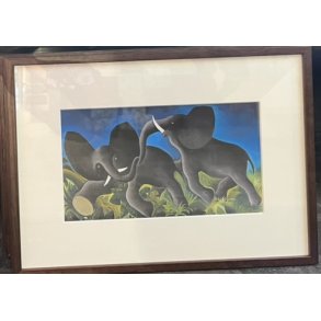 Plakat af Hans Scherfig, legende elefanter 30x40cm i ramme af valnd