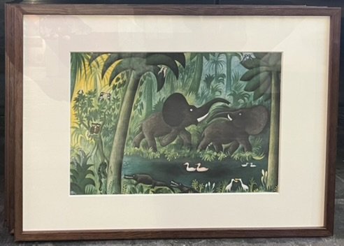 Plakat af Hans Scherfig, legende elefanter 30x40cm i ramme af valnd