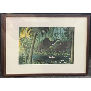 Plakat af Hans Scherfig, legende elefanter 30x40cm i ramme af valnd