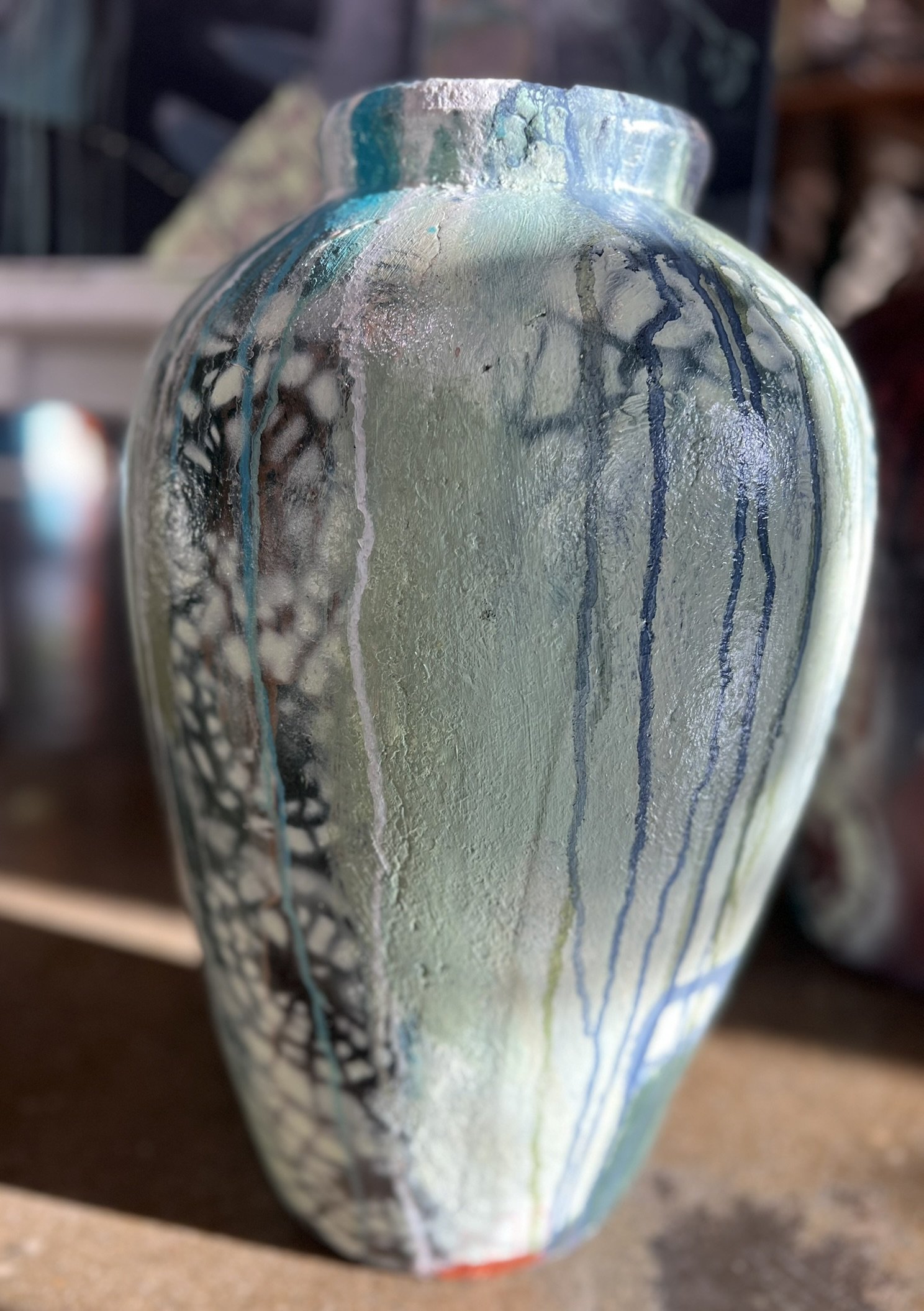 Merete Lisby, bemalet krukke h�jde 50cm bredde 25cm