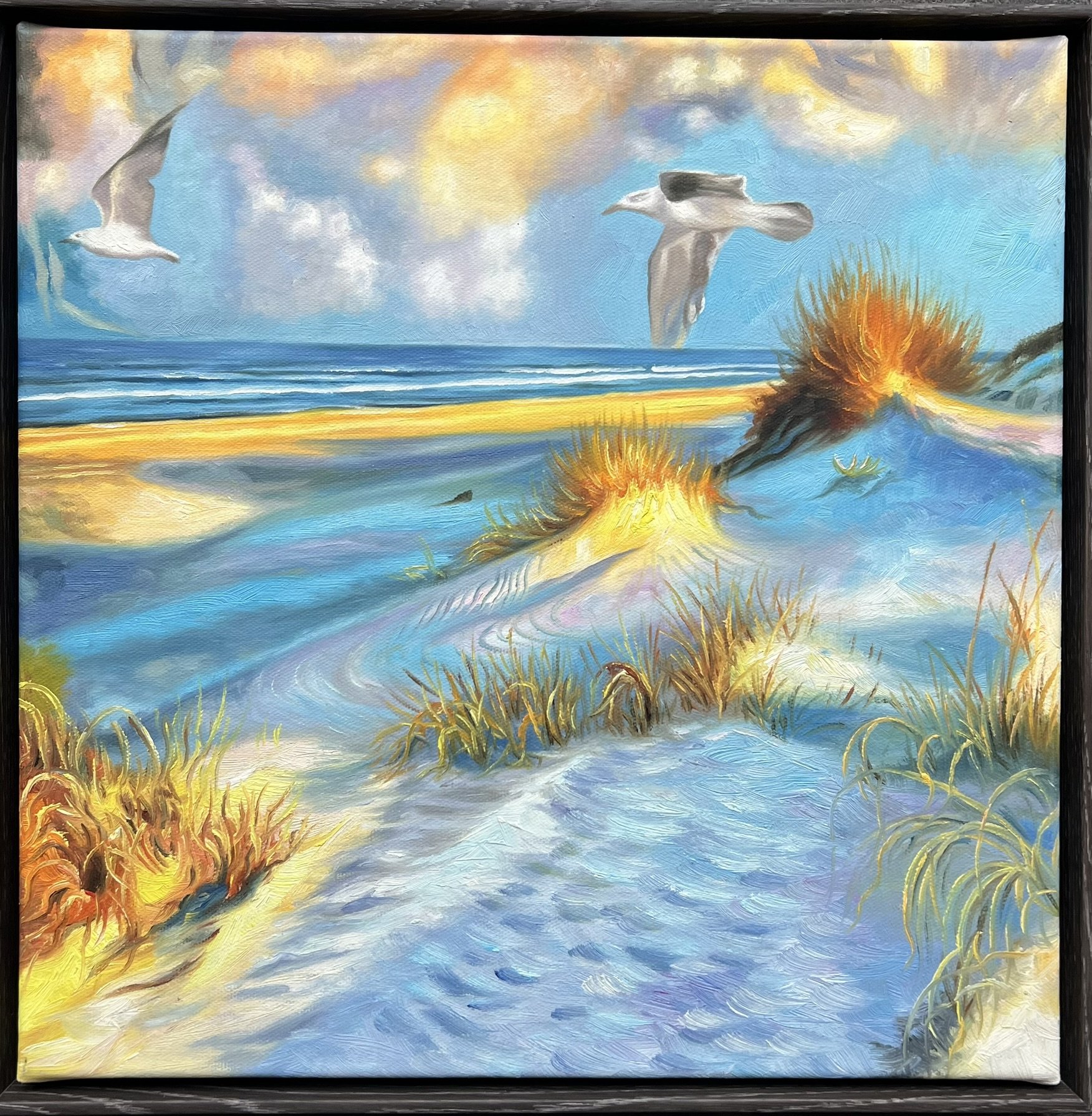 Morgenlys ved Vandkanten, oliemaleri 40x40cm