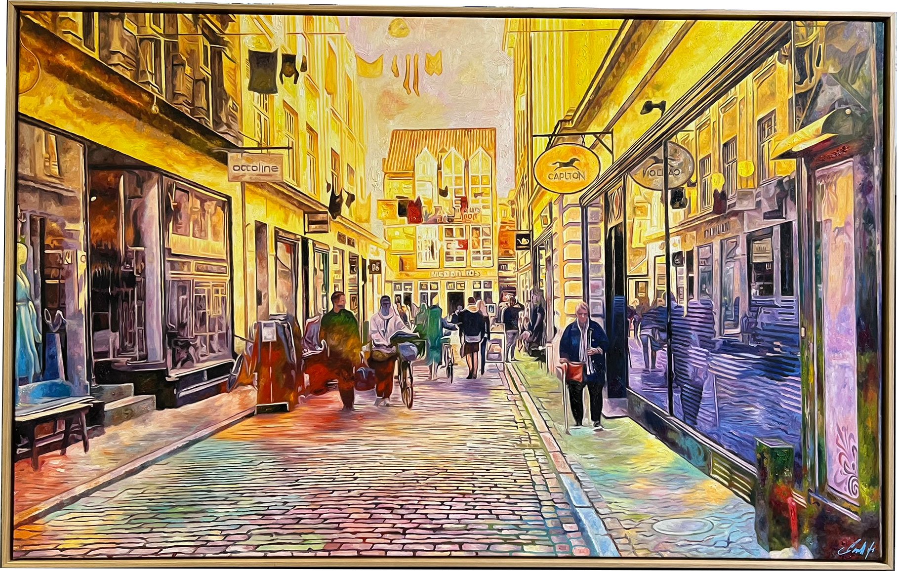 Badstuegade ved Pustervig Aarhus, 100x160cm oliemaleri af Sarah H�i