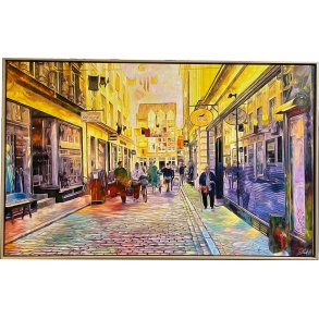 Badstuegade ved Pustervig Aarhus, 100x160cm oliemaleri af Sarah H�i