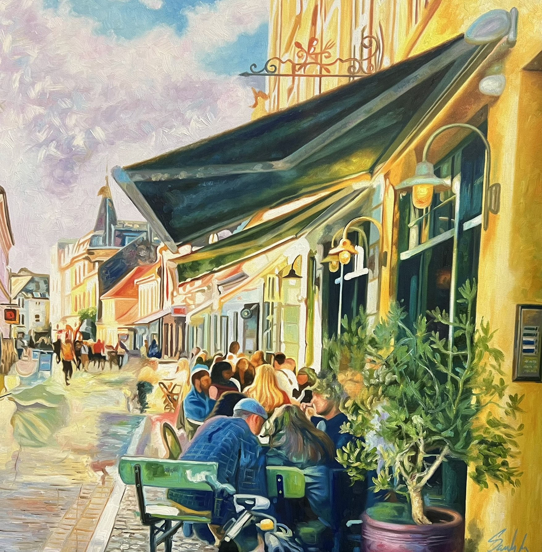 Cafe Lecoq Aarhus 80x80cm oliemaleri af Sarah H�i
