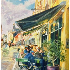 Cafe Lecoq Aarhus 80x80cm oliemaleri af Sarah H�i