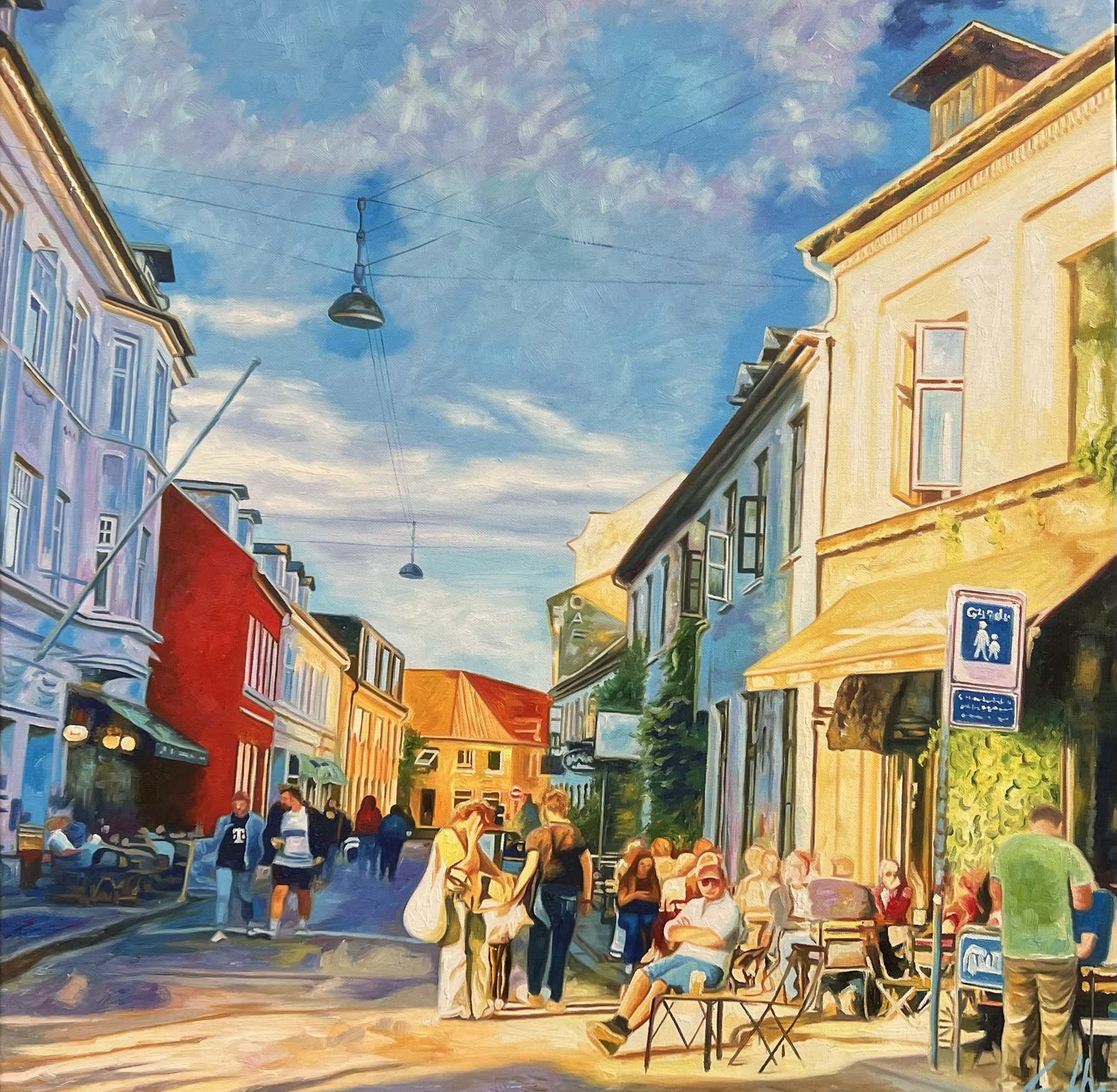 Badstuegade i Aarhus 80x80cm oliemaleri af Sarah H�i