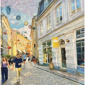 Volden og Mefisto i Aarhus 80x80cm oliemaleri af Sarah H�i