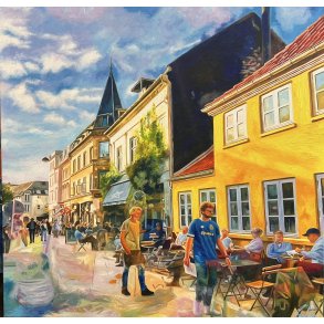 Latinerkvarteret i Aarhus 80x80cm oliemaleri af Sarah H�i
