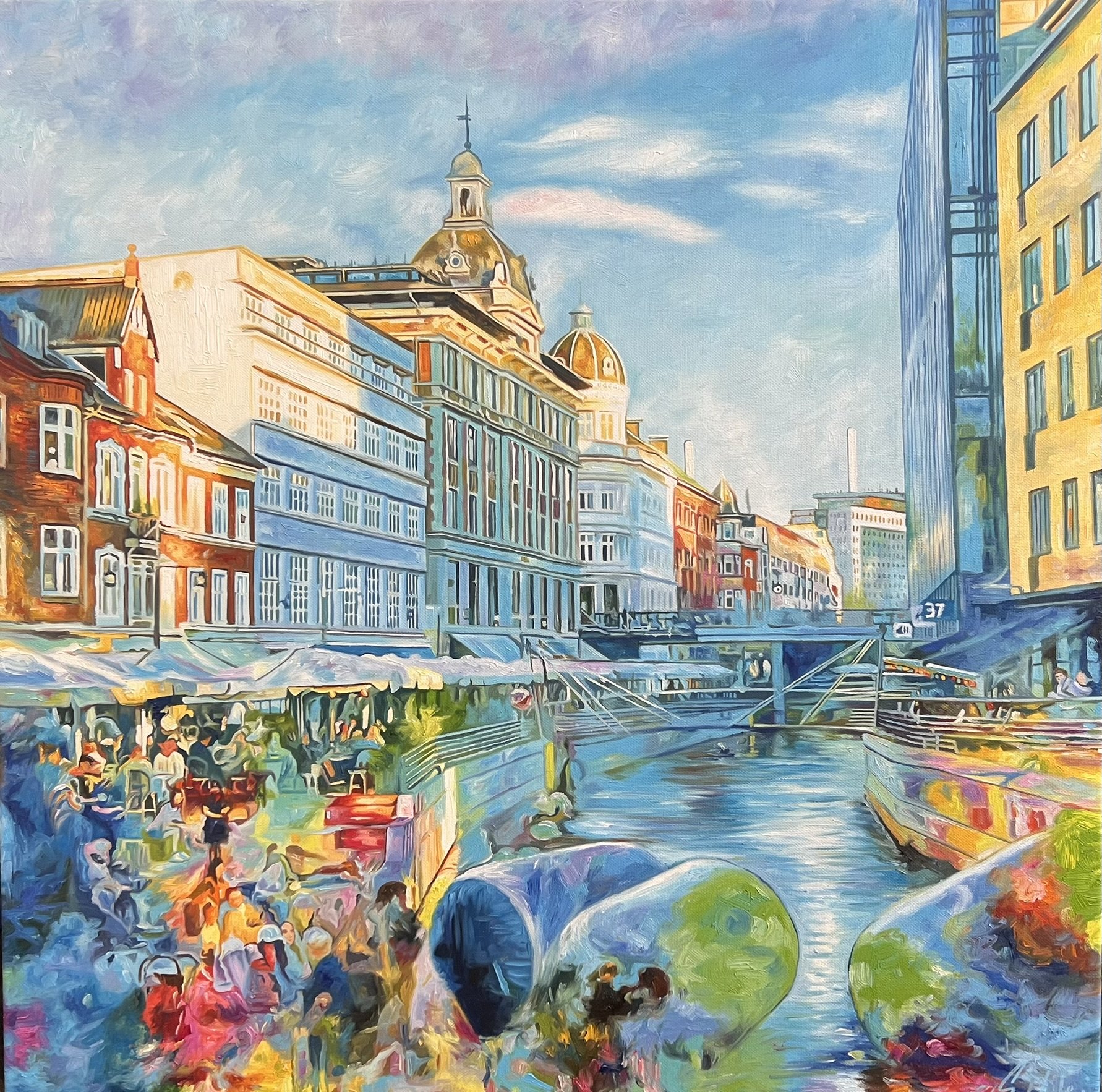 �en i Aarhus 80x80cm oliemaleri af Sarah H�i