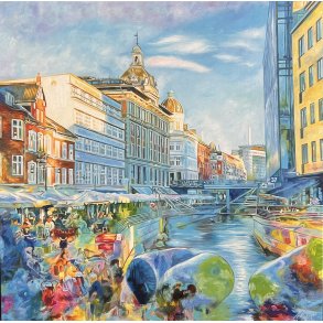 �en i Aarhus 80x80cm oliemaleri af Sarah H�i