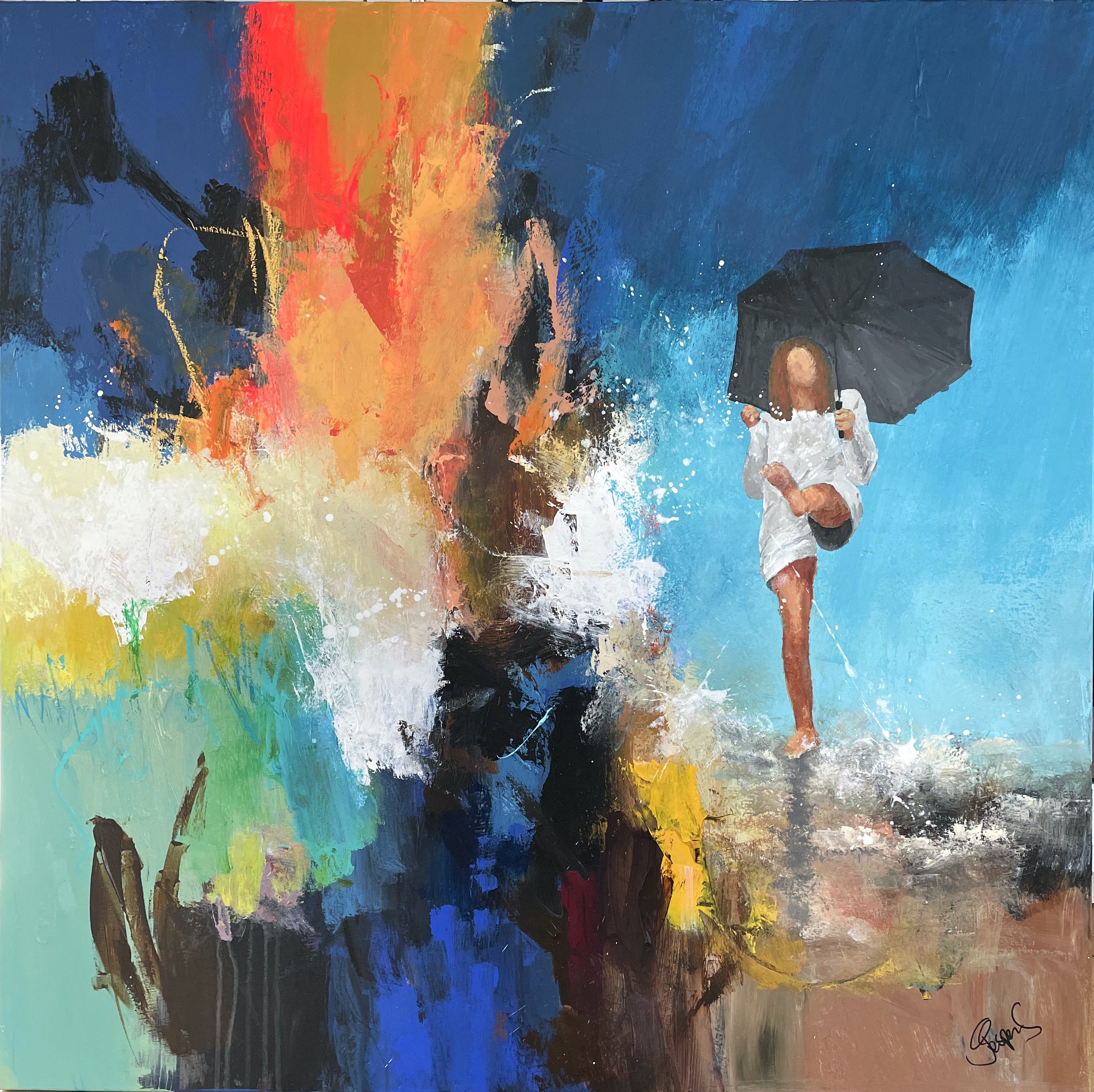 Abstrakt maleri af Jesper S�rensen, Singing in the rain,100x100cm