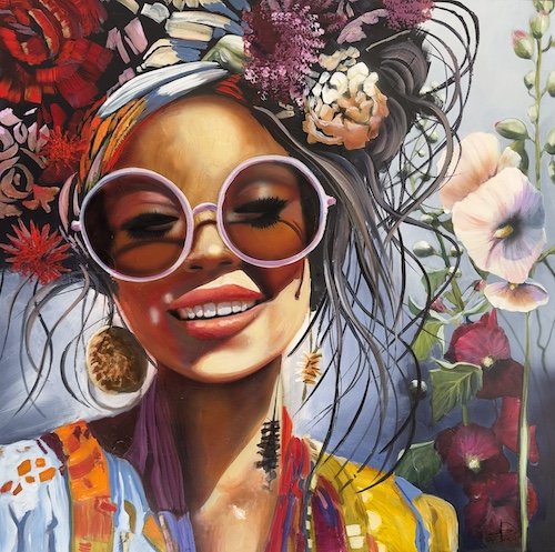 I fuld flor, portr�tmaleri 100x100cm maleri af Naja Duarte