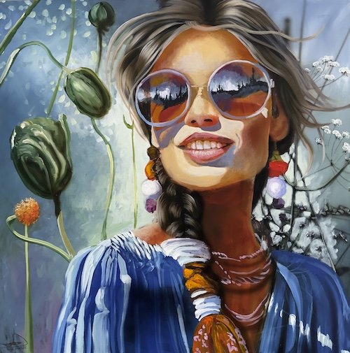 Udsyn, portr�tmaleri 100x100cm maleri af Naja Duarte