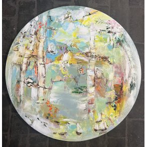 Tina Asmussen, rundt maleri 80cm, abstrakt maleri