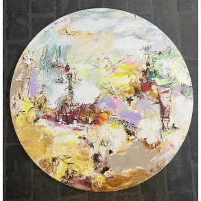 Tina Asmussen, rundt maleri 80cm, abstrakt maleri