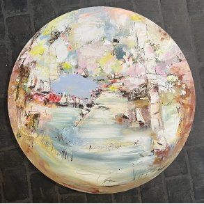 Tina Asmussen, rundt maleri 80cm, abstrakt maleri