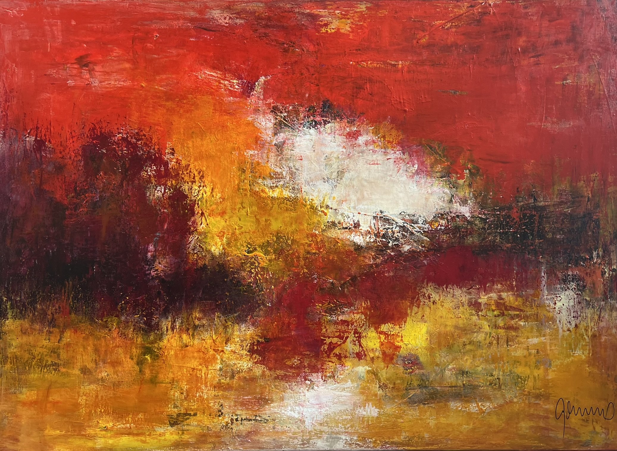 Abstrakt Maleri i r�de farver af Susanne Gemmer 100x140cm