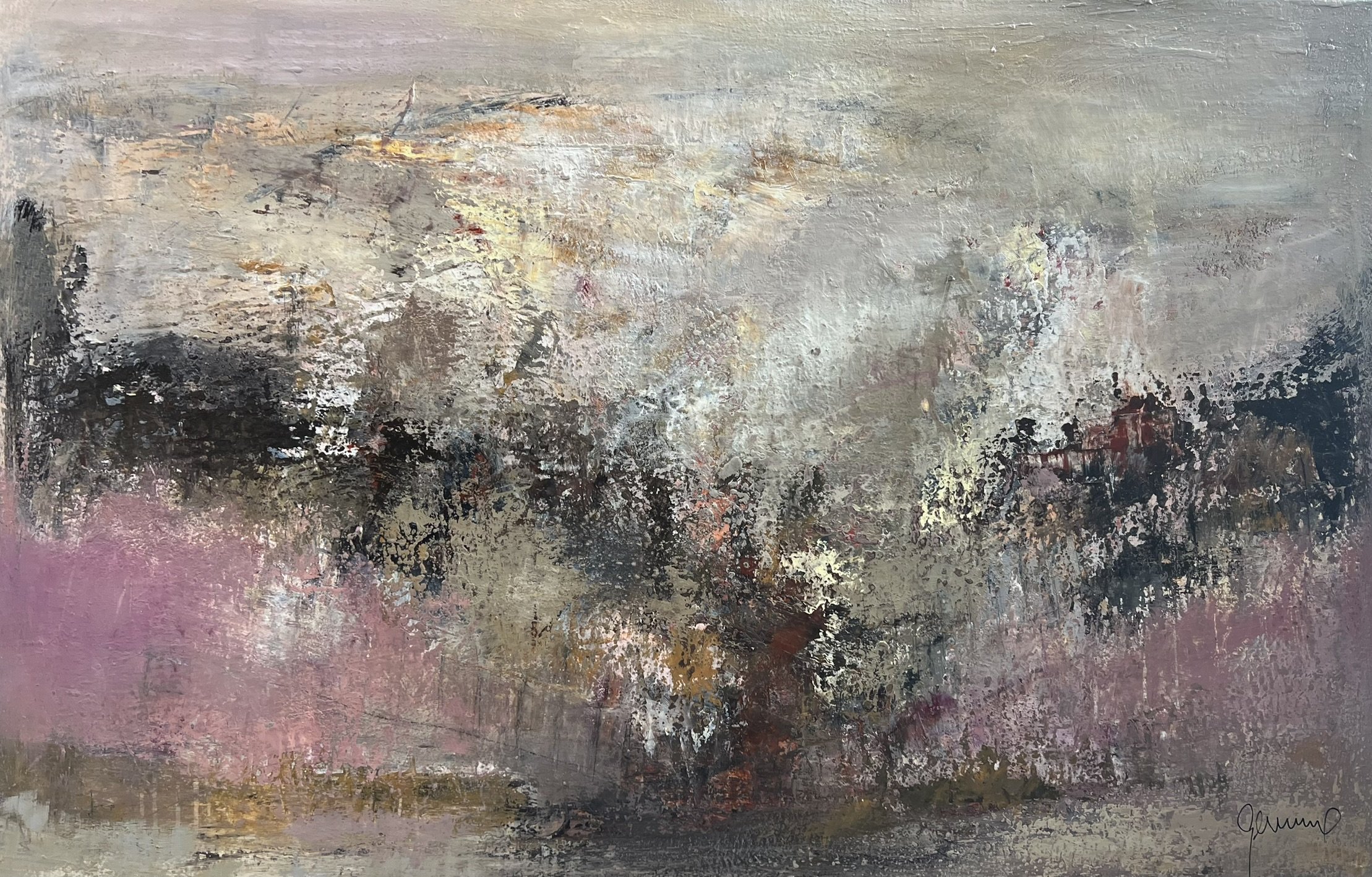 Abstrakt Maleri i gr� og lilla farver af Susanne Gemmer 90x140cm