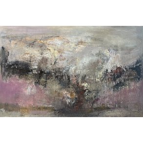 Abstrakt Maleri i gr� og lilla farver af Susanne Gemmer 90x140cm