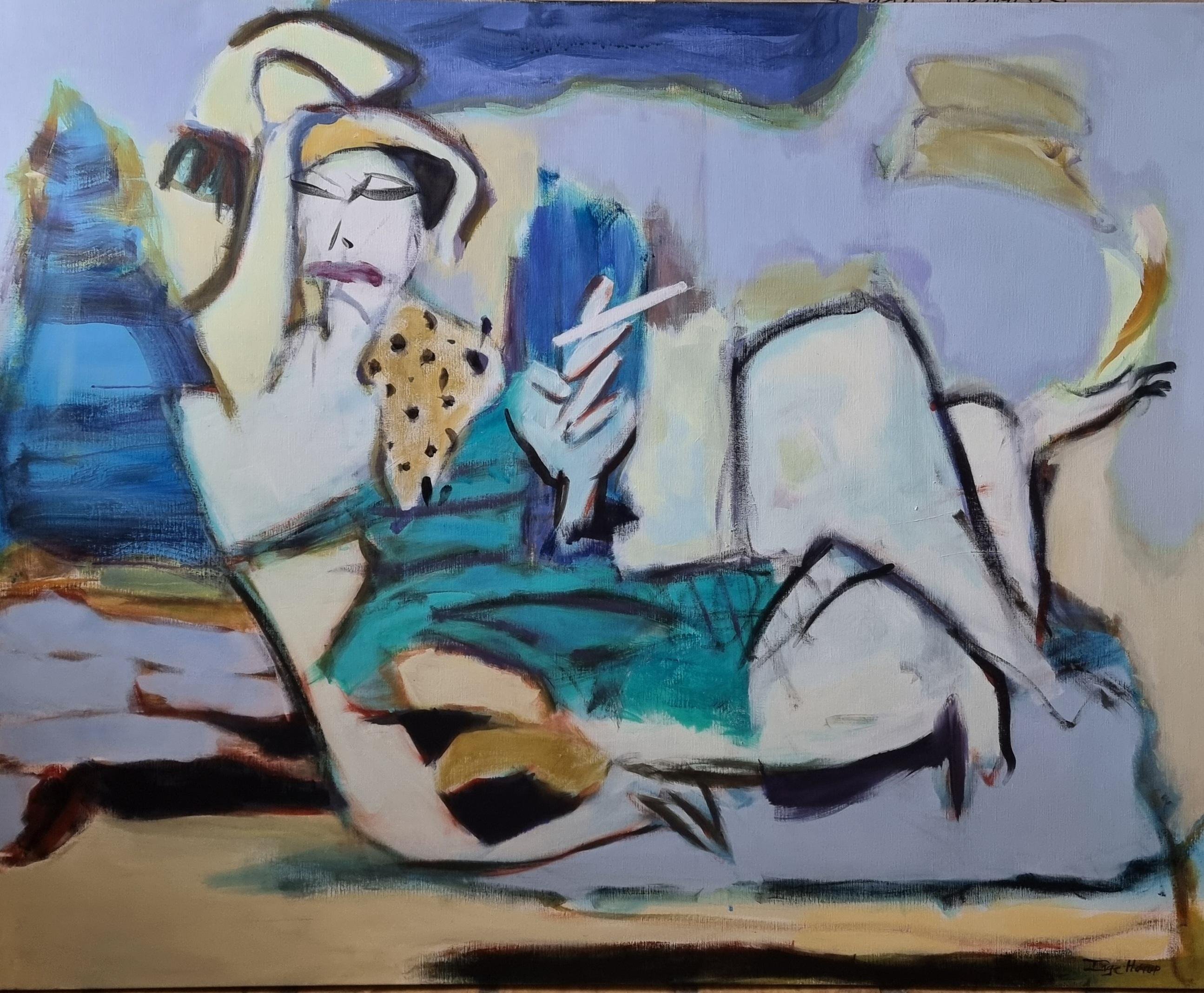Maleri af Inge H�rup, 120x150cm Blixen en Safari