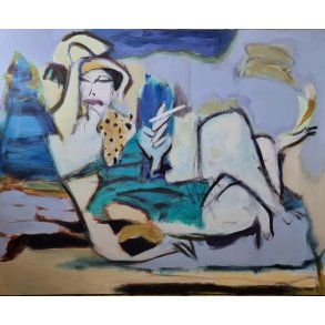 Maleri af Inge H�rup, 120x150cm Blixen en Safari