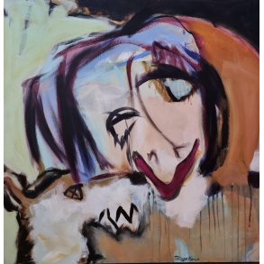 Maleri af Inge H�rup, 80x80cm Dame og dyr