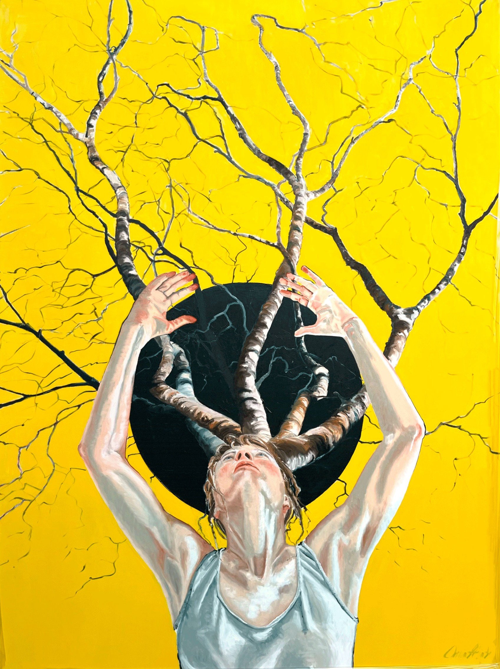 Associationer forsvinder i sortpunkt 90x120cm gult maleri af Anne Mette Harkes