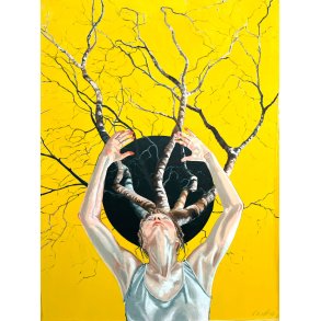 Associationer forsvinder i sortpunkt 90x120cm gult maleri af Anne Mette Harkes