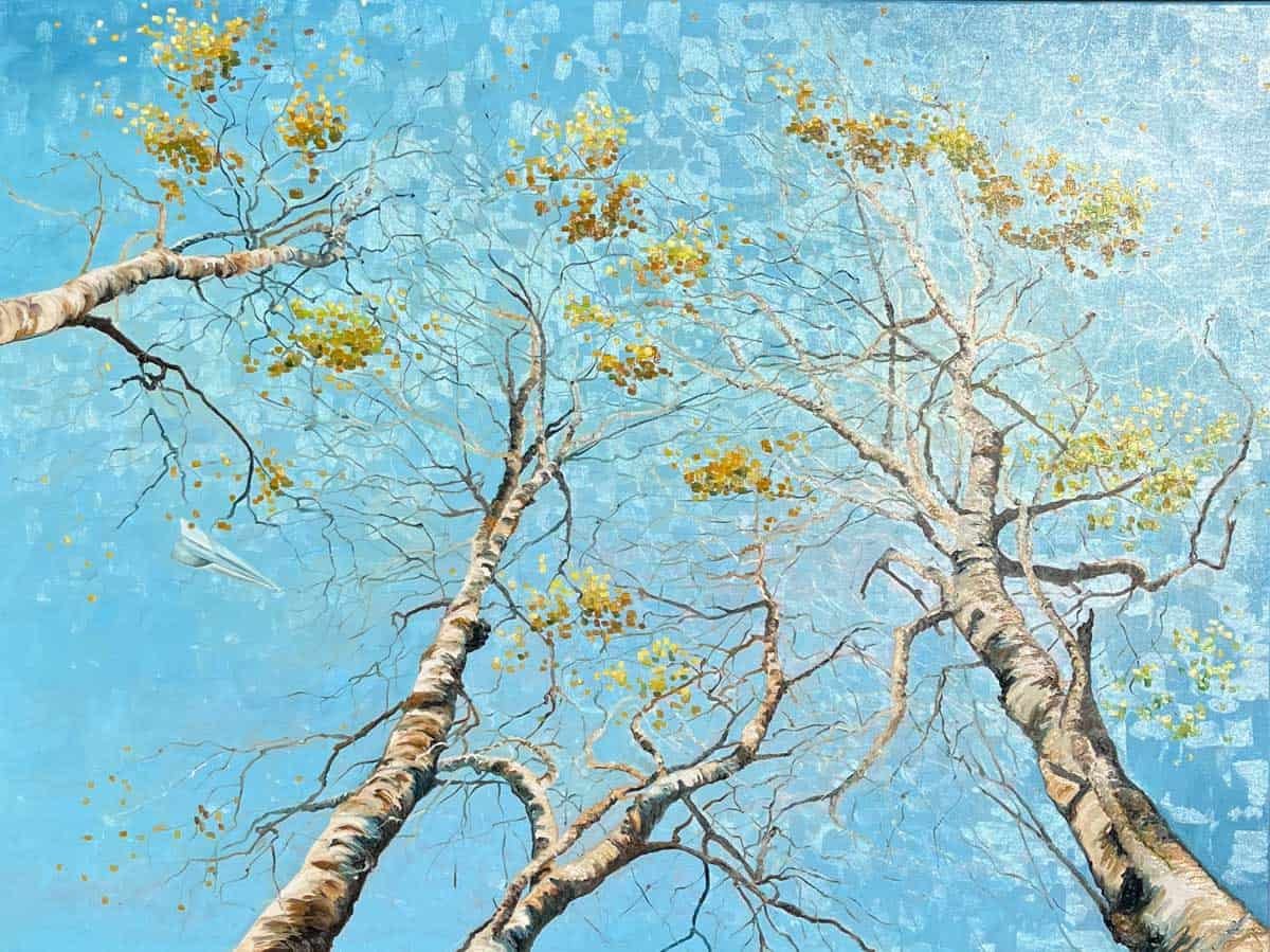 Birke, farverigt foraar 90x120cm maleri af Birketr� af Anne Mette Harkes