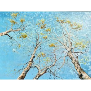Birke, farverigt foraar 90x120cm maleri af Birketr� af Anne Mette Harkes