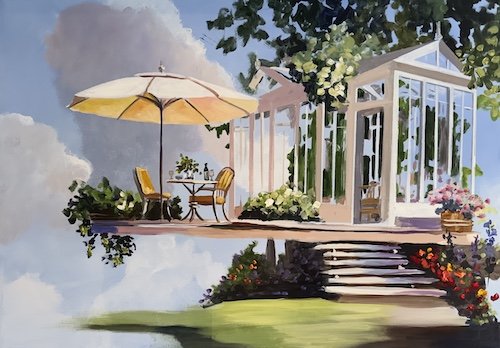 En samtale der venter, 70x100cm maleri af Naja Duarte