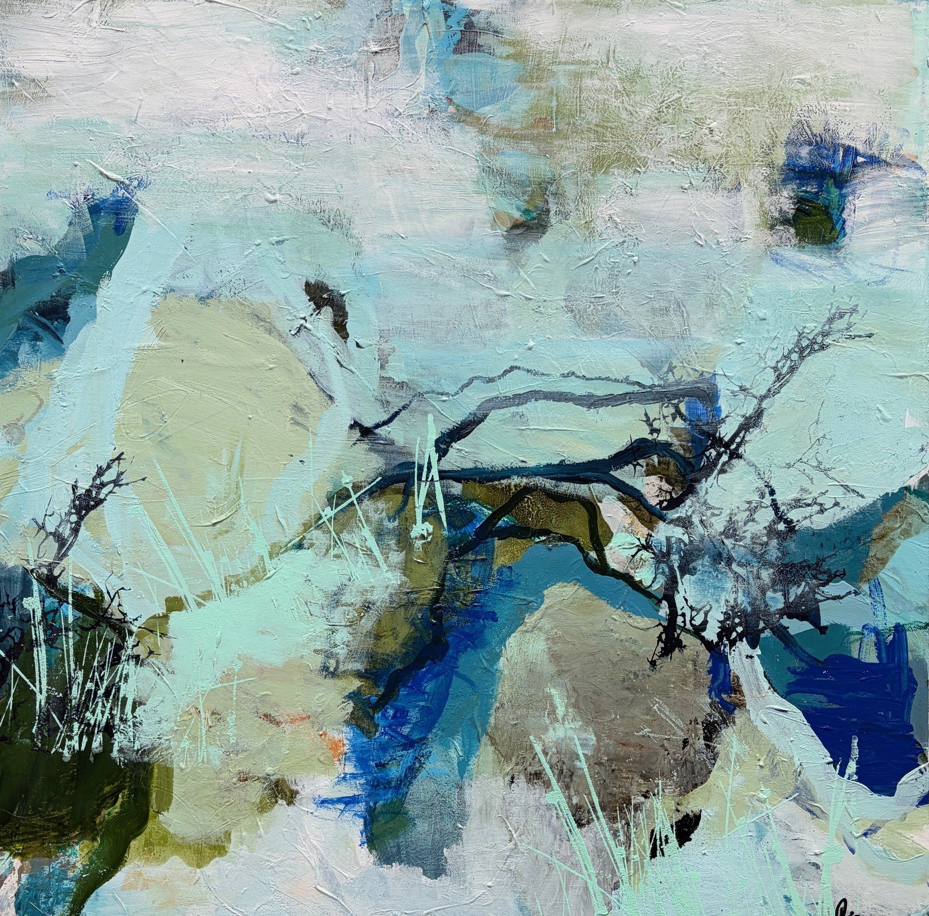 Abstrakt maleri af Rie Br�dsgaard 80x80cm