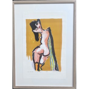 Bemalet litografi af Inge H�rup, Lady with boots, 53x73cm