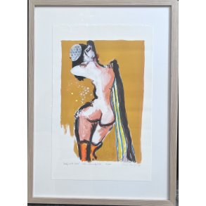 Bemalet litografi af Inge H�rup, Lady with boots, 53x73cm