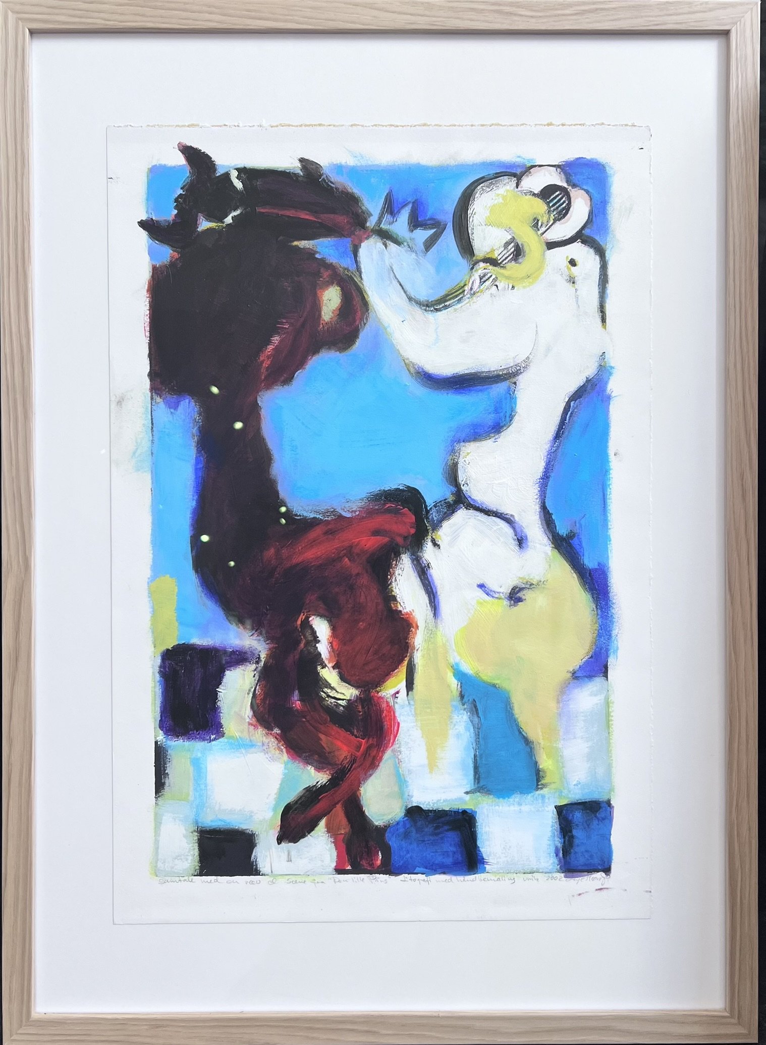 Bemalet litografi af Inge H�rup, Samtale med R�v, 53x73cm