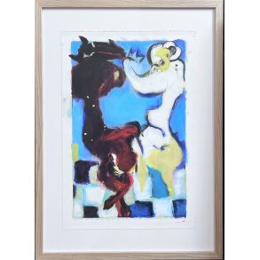 Bemalet litografi af Inge H�rup, Samtale med R�v, 53x73cm