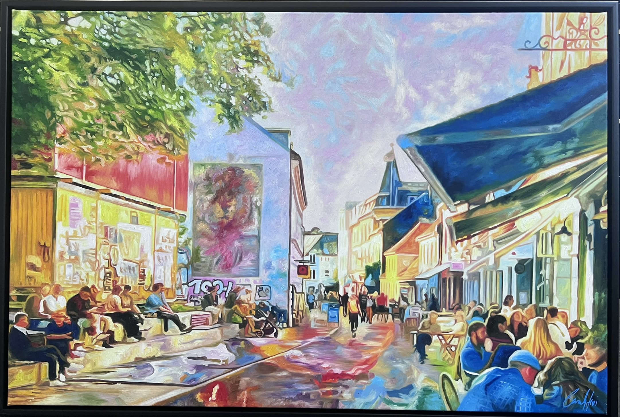 Graven og Cafe Lecoq Aarhus, maleri 80x120cm af Sarah H�i