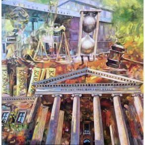 Med Lov Skal Man Land Bygge, 100x100cm oliemaleri af Sarah H�i