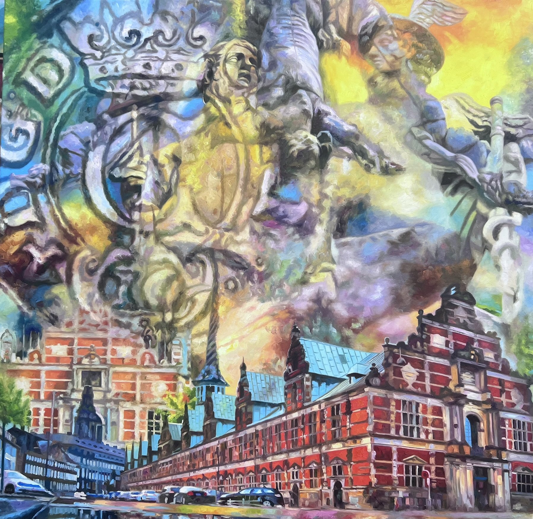 B�rsens genopbygning, 100x100cm oliemaleri af Sarah H�i