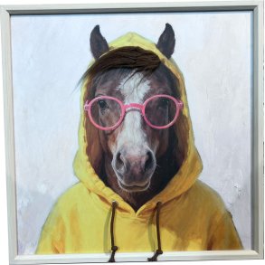 Hest, L�rredsprint med maling og h�r 60x60cm