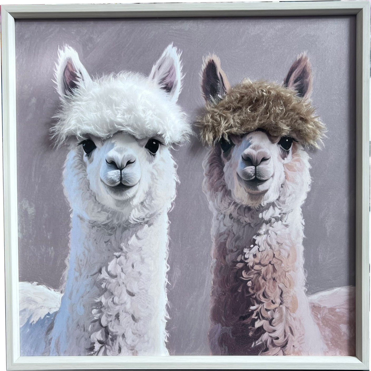 Lama, L�rredsprint med maling og h�r 60x60cm