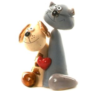 kat og hund, som elsker hinanden, keramik af Anka Christop