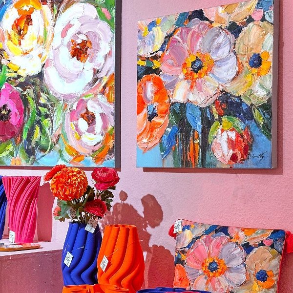 blomster, L�rredsprint med maling 100x100cm