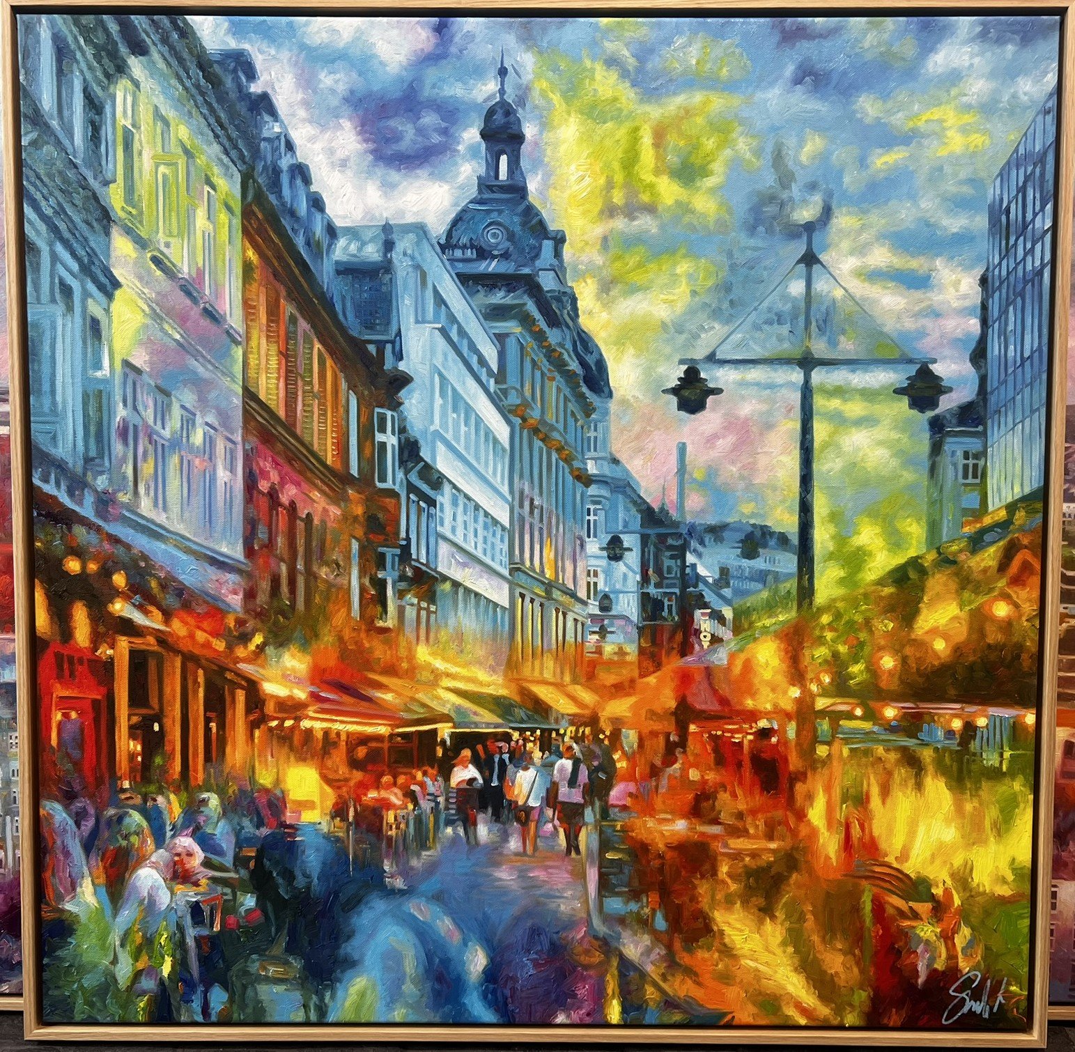 Aftenstemning Aarhus, 100x100cm oliemaleri af Sarah H�i