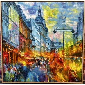 Aftenstemning Aarhus, 100x100cm oliemaleri af Sarah H�i