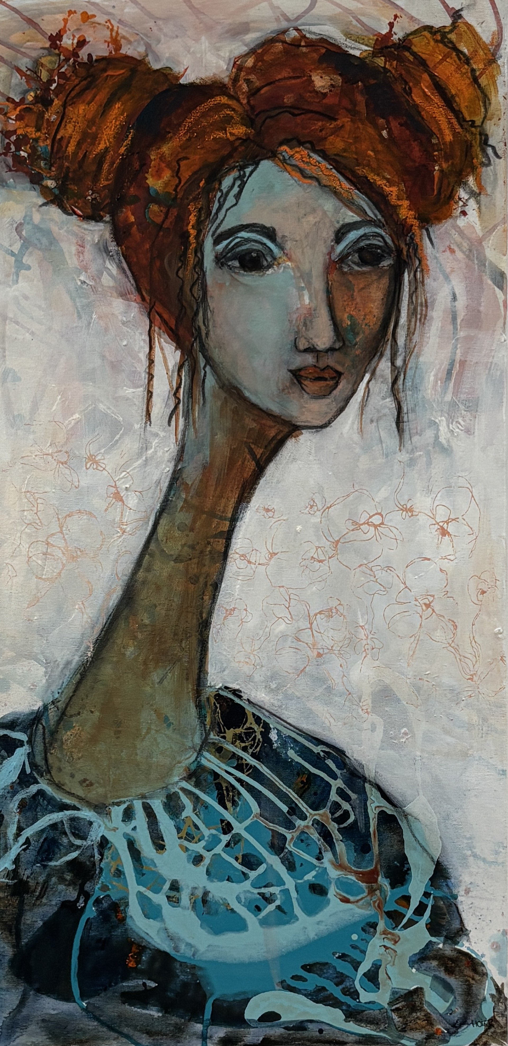 Abstrakt maleri, portr�t af kvinde Annemette Hoier 50x100cm