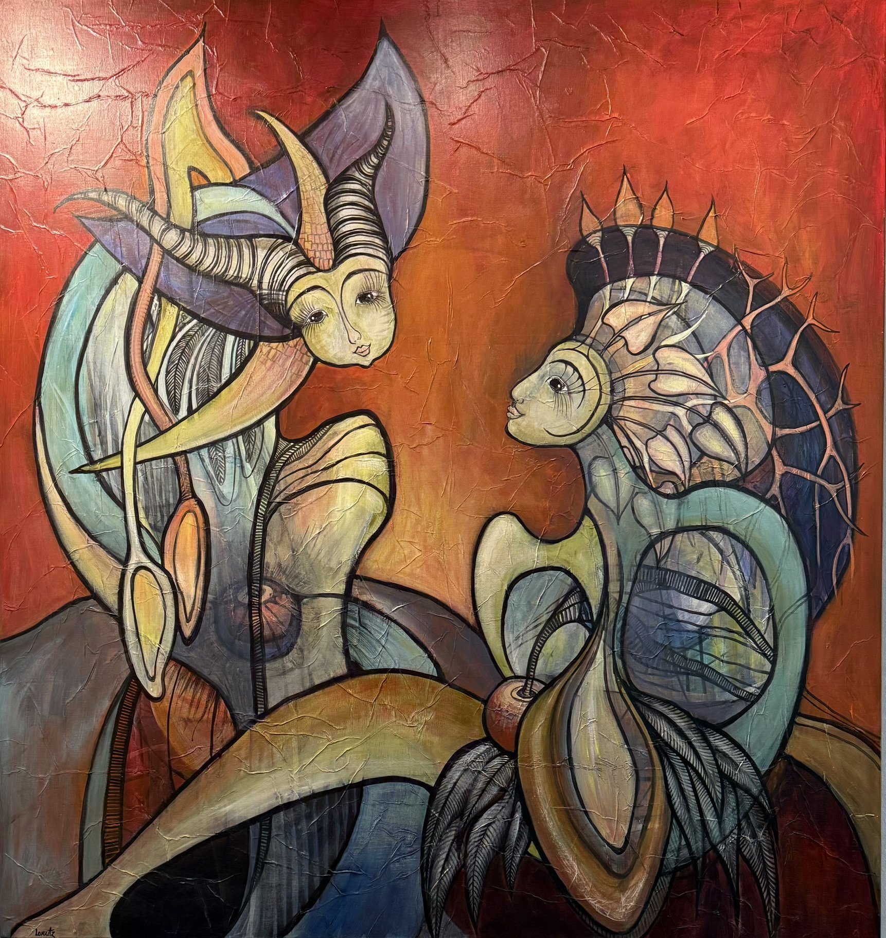 Dialog, 150x140cm maleri af Henriette Lorentz