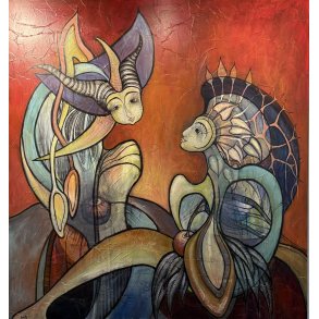 Dialog, 150x140cm maleri af Henriette Lorentz